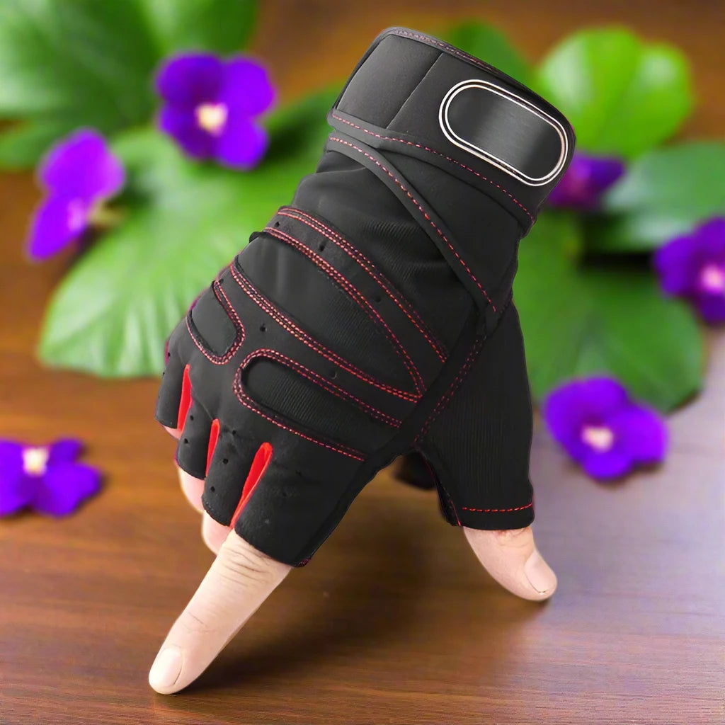 a pair of gloves sitting on top of a wooden table