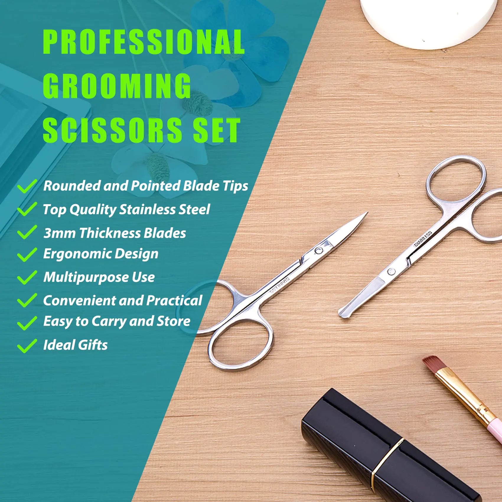 a pair of scissors sitting on top of a wooden table