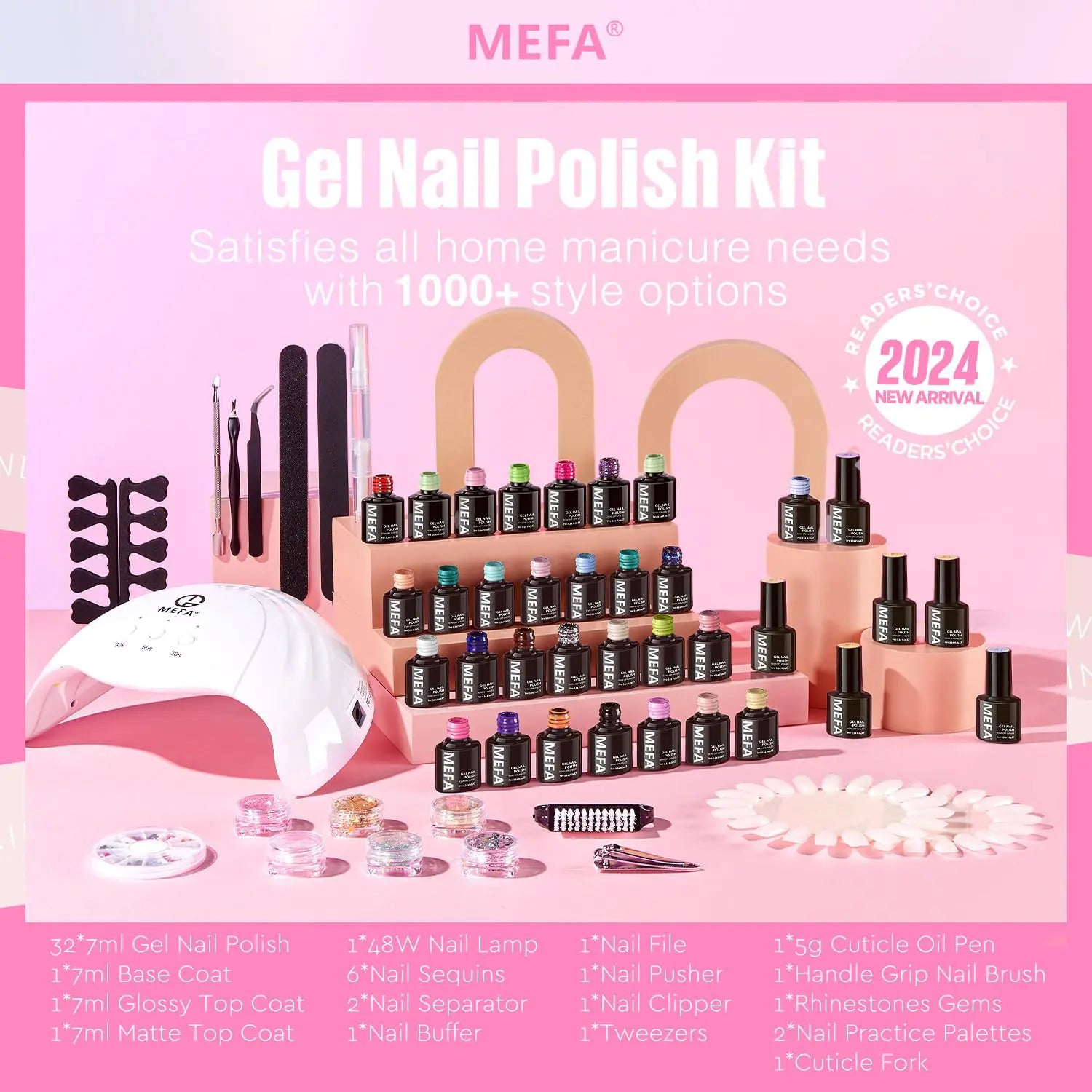 a display of nail polish and accessories on a pink background